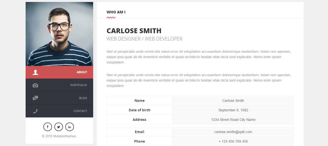 Split WordPress CV Vcard Template Preview