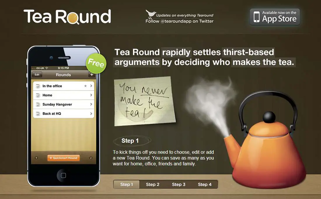 Tea Round App websites with wood texture 