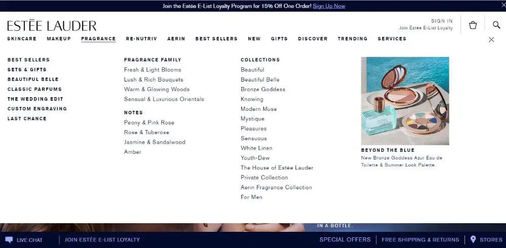 mega menu design - estee lauder