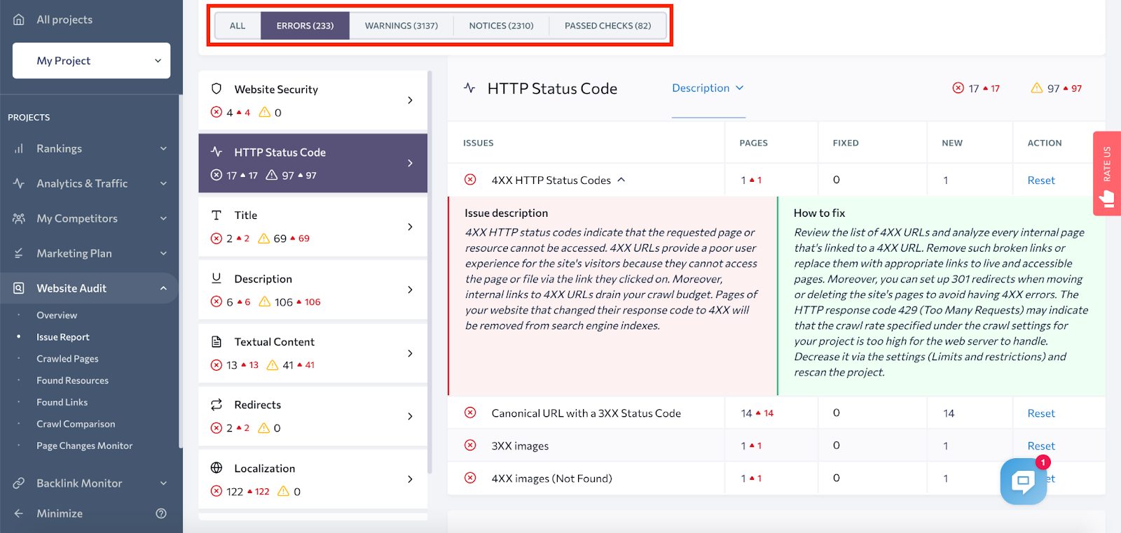 Using SE Ranking to Conduct A Website Audit: Dashboard Image on How to Split Site Problems by Category