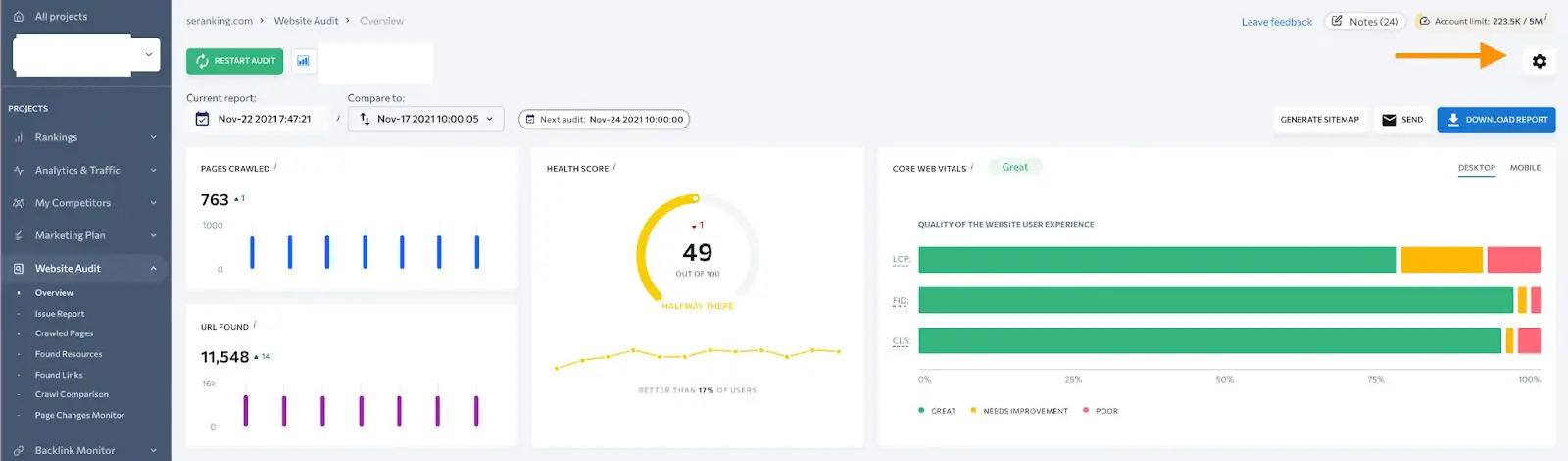 Using SE Ranking to Conduct A Website Audit: Dashboard Image on How To Arrange Settings and Report Parameters to Monitor