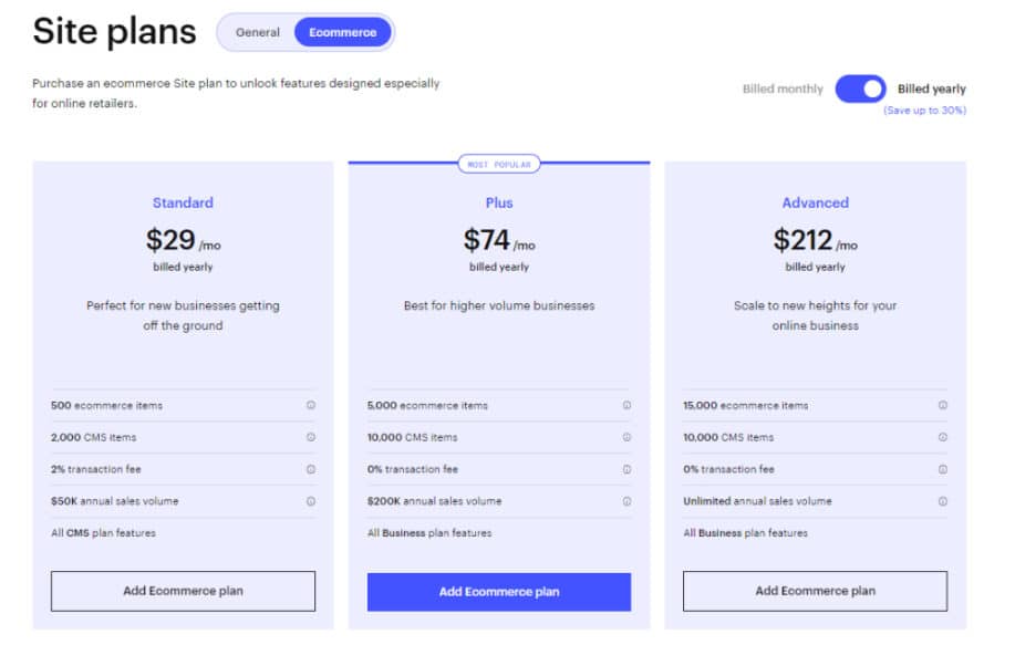 Webflow Ecommerce Plans