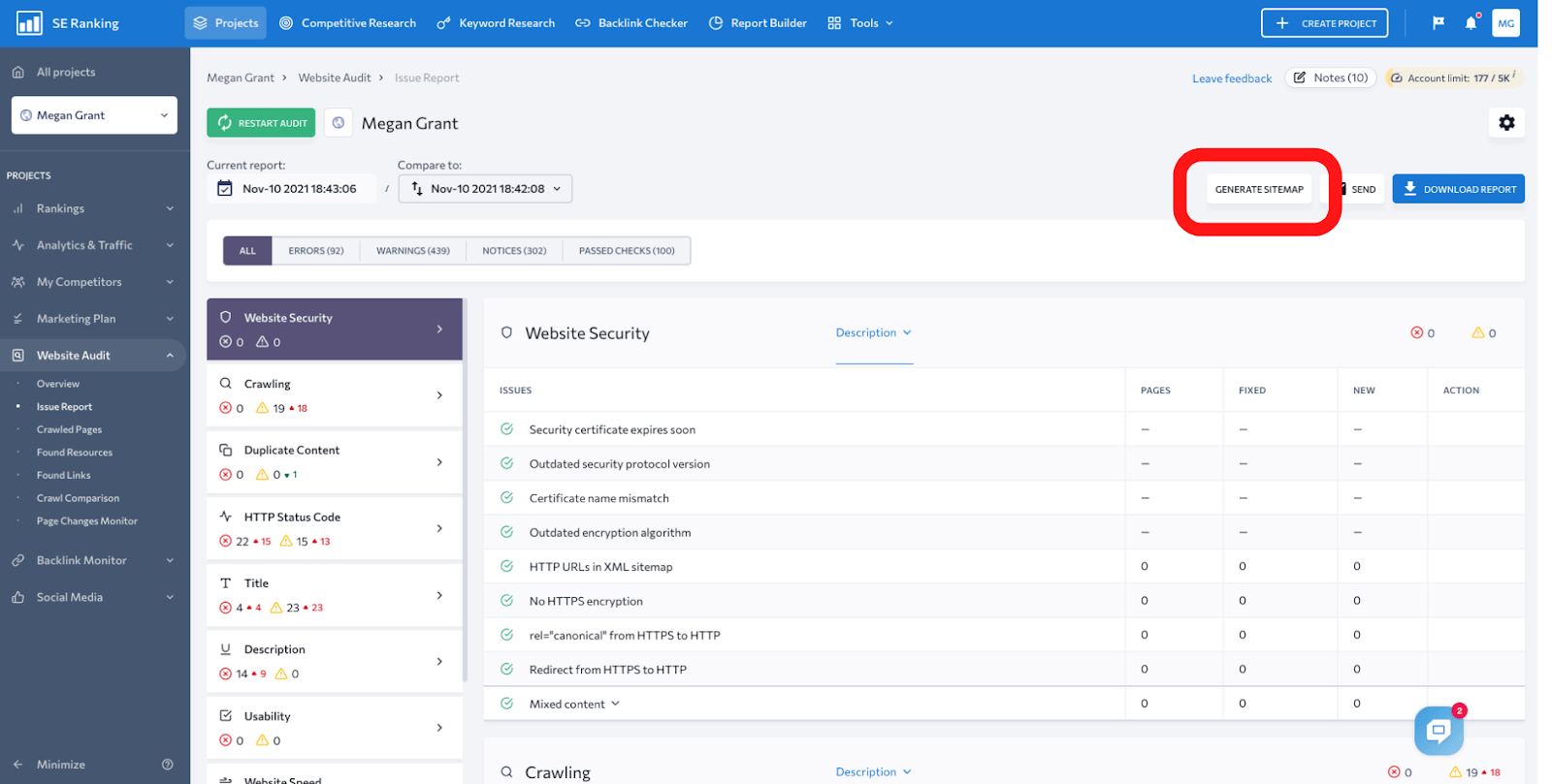 Using SE Ranking to Conduct A Website Audit: Dashboard Image Of XML Sitemap Generator