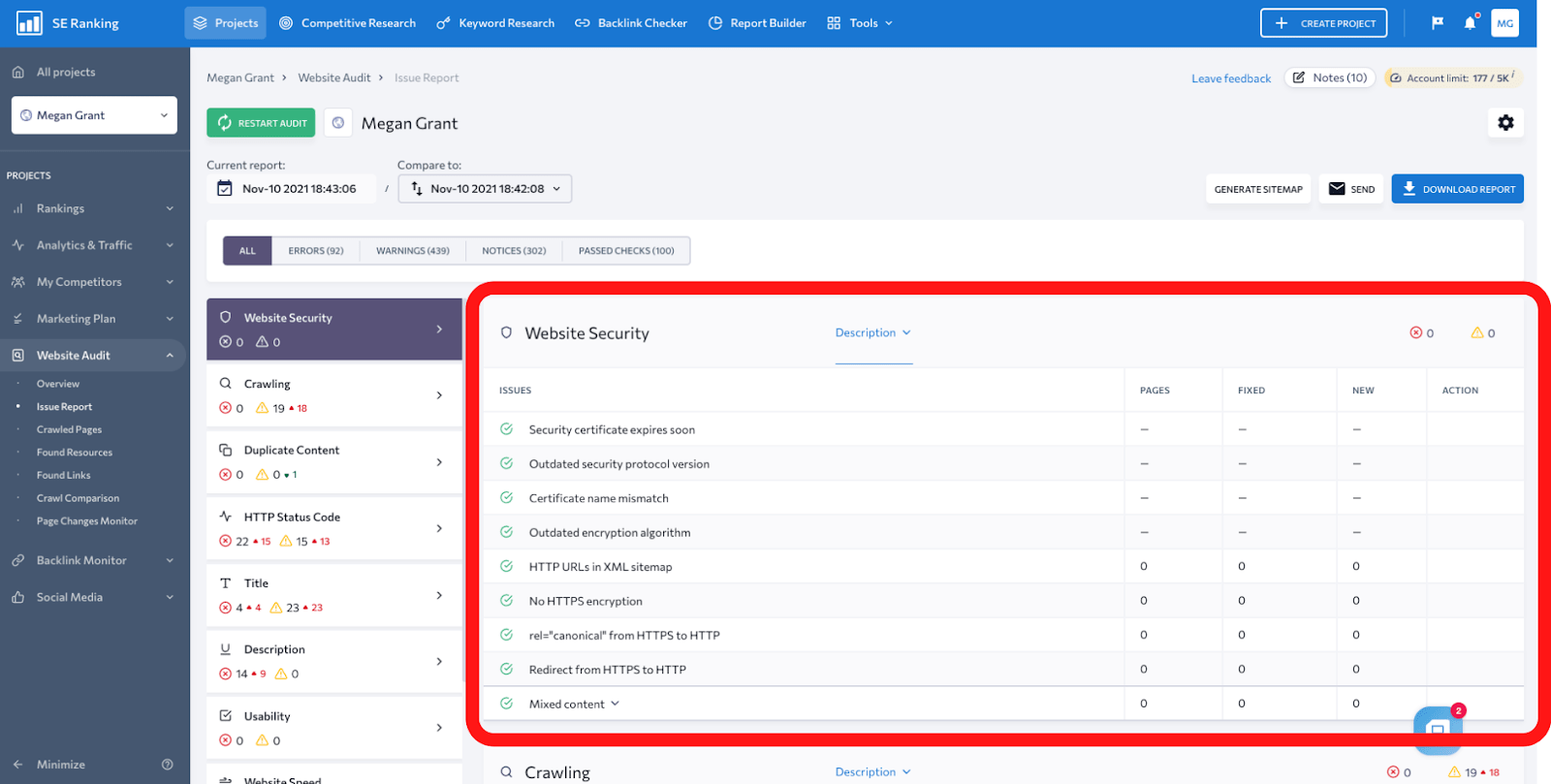 Using SE Ranking to Conduct A Website Audit: Dashboard Image on Site Security