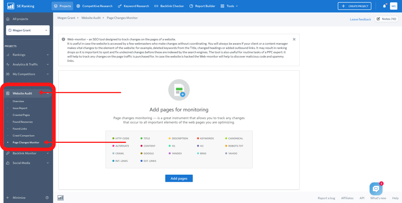 Using SE Ranking to Conduct A Website Audit: Dashboard Image on Setting Notifications