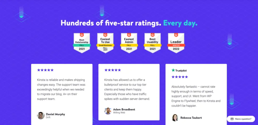 Kinsta's Top Awards & Five Star Reviews